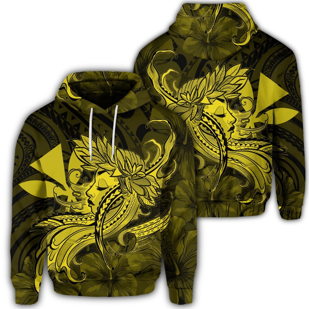 Hawaiian Map Hula Girl Hibiscus Kanaka Polynesian Hoodie Yellow Unisex Art - Polynesian Pride