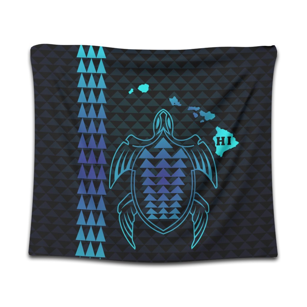 Hawaiian Map Kakau Turtle Polynesian Tapestry - Blue - AH Wall Tapestry Black - Polynesian Pride