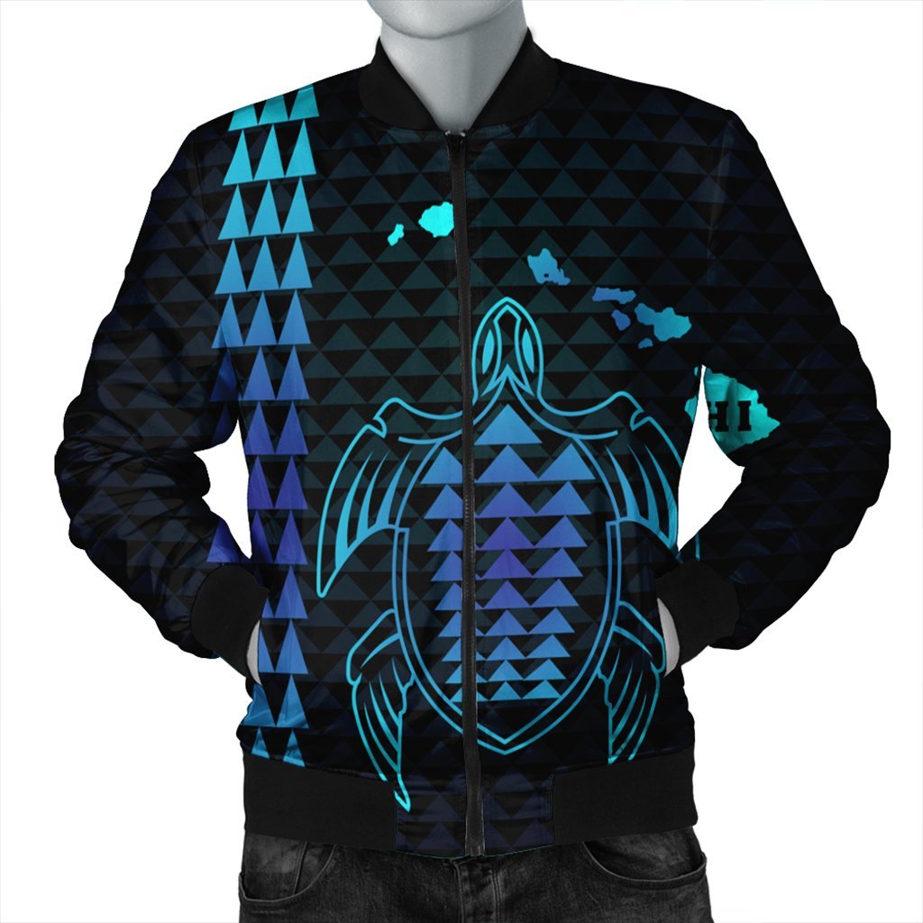 Hawaiian Map Kakau Turtle Polynesian Bomber Jacket - Blue - AH Black Unisex - Polynesian Pride