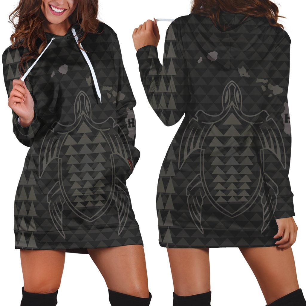 Hawaiian Map Kakau Turtle Polynesian Hoodie Dress - Gray - AH Black - Polynesian Pride