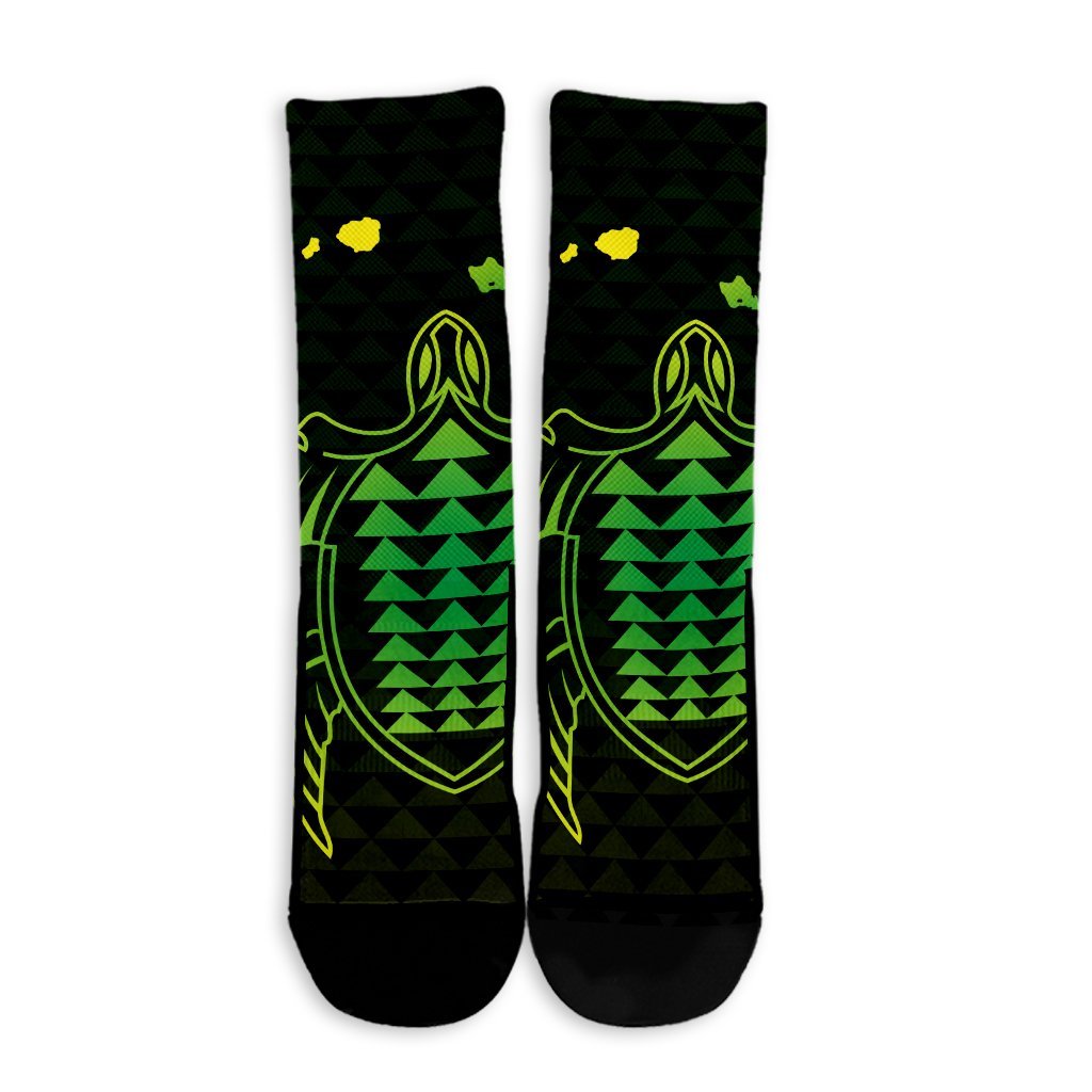 Hawaiian Map Kakau Turtle Polynesian Crew Socks - Green - AH - Polynesian Pride
