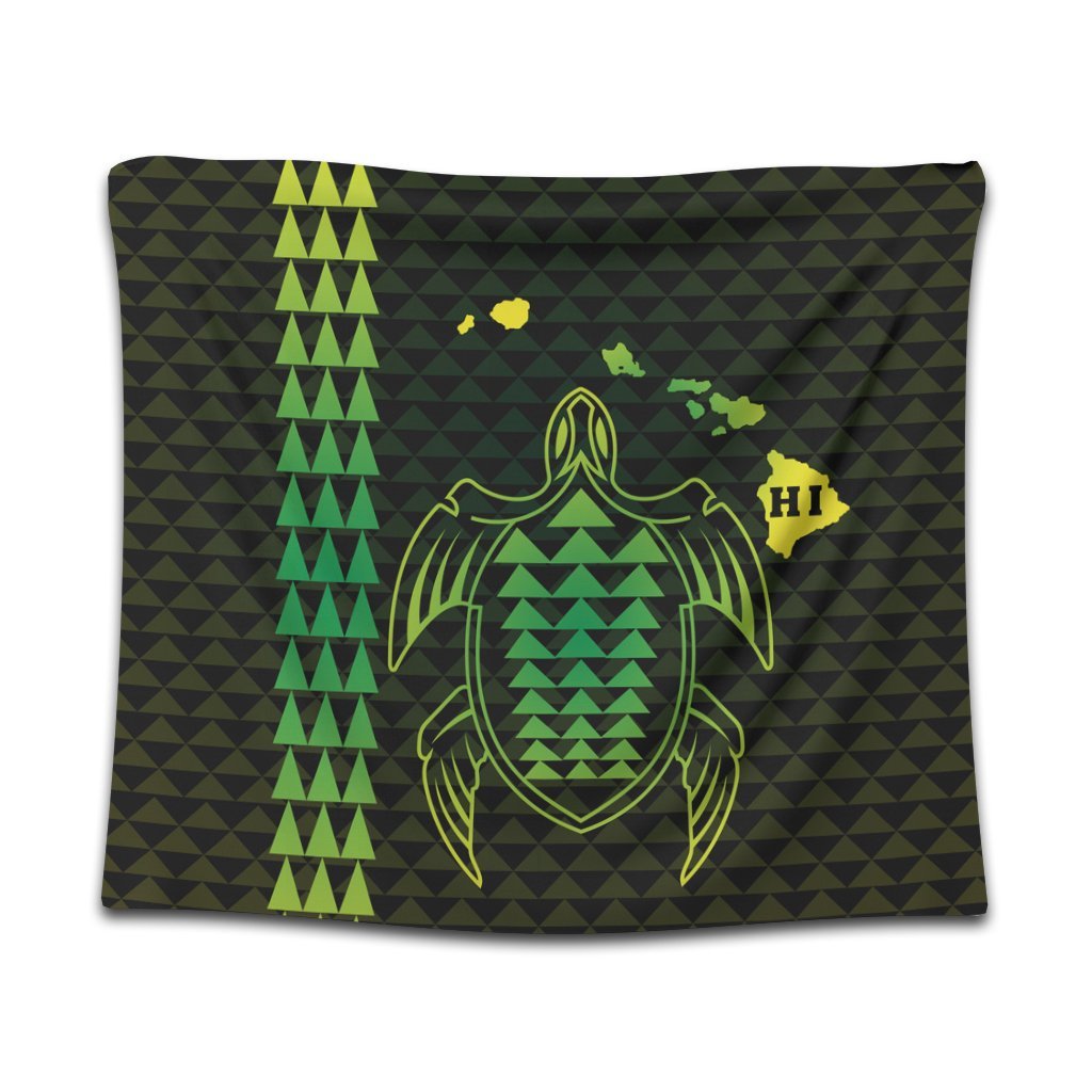 Hawaiian Map Kakau Turtle Polynesian Tapestry - Green - AH Wall Tapestry Black - Polynesian Pride