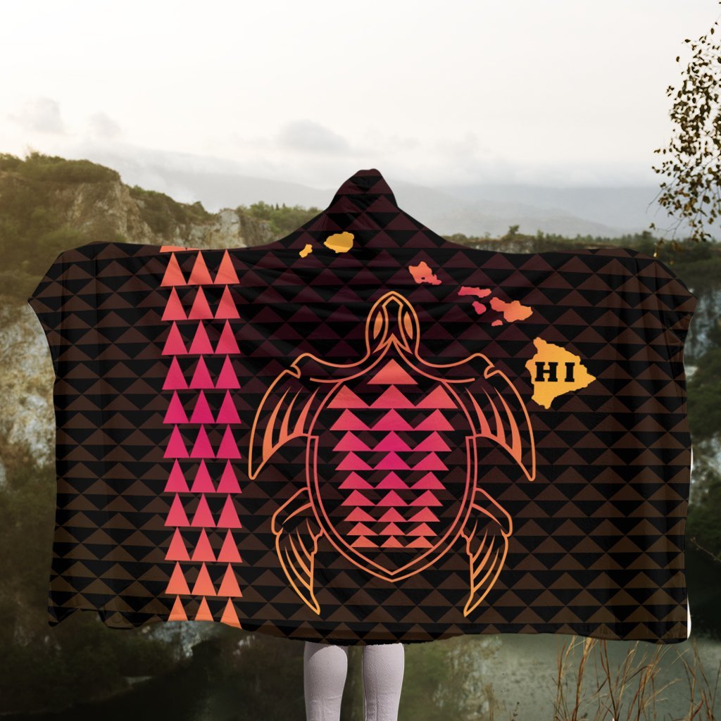 Hawaiian Map Kakau Turtle Polynesian Hooded Blanket - Orange - AH - Polynesian Pride