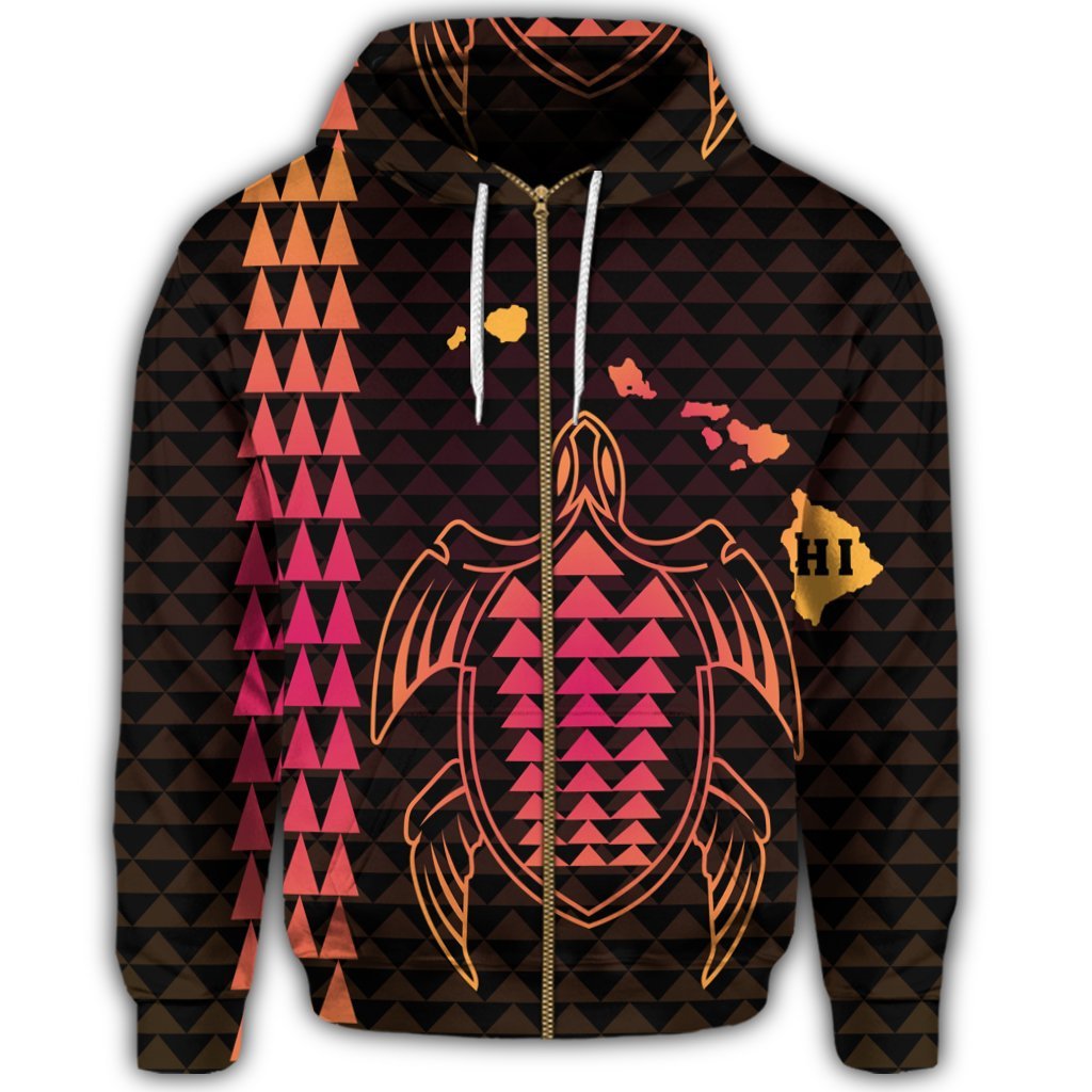 Hawaiian Map Kakau Turtle Polynesian Zip Hoodie Orange - Polynesian Pride