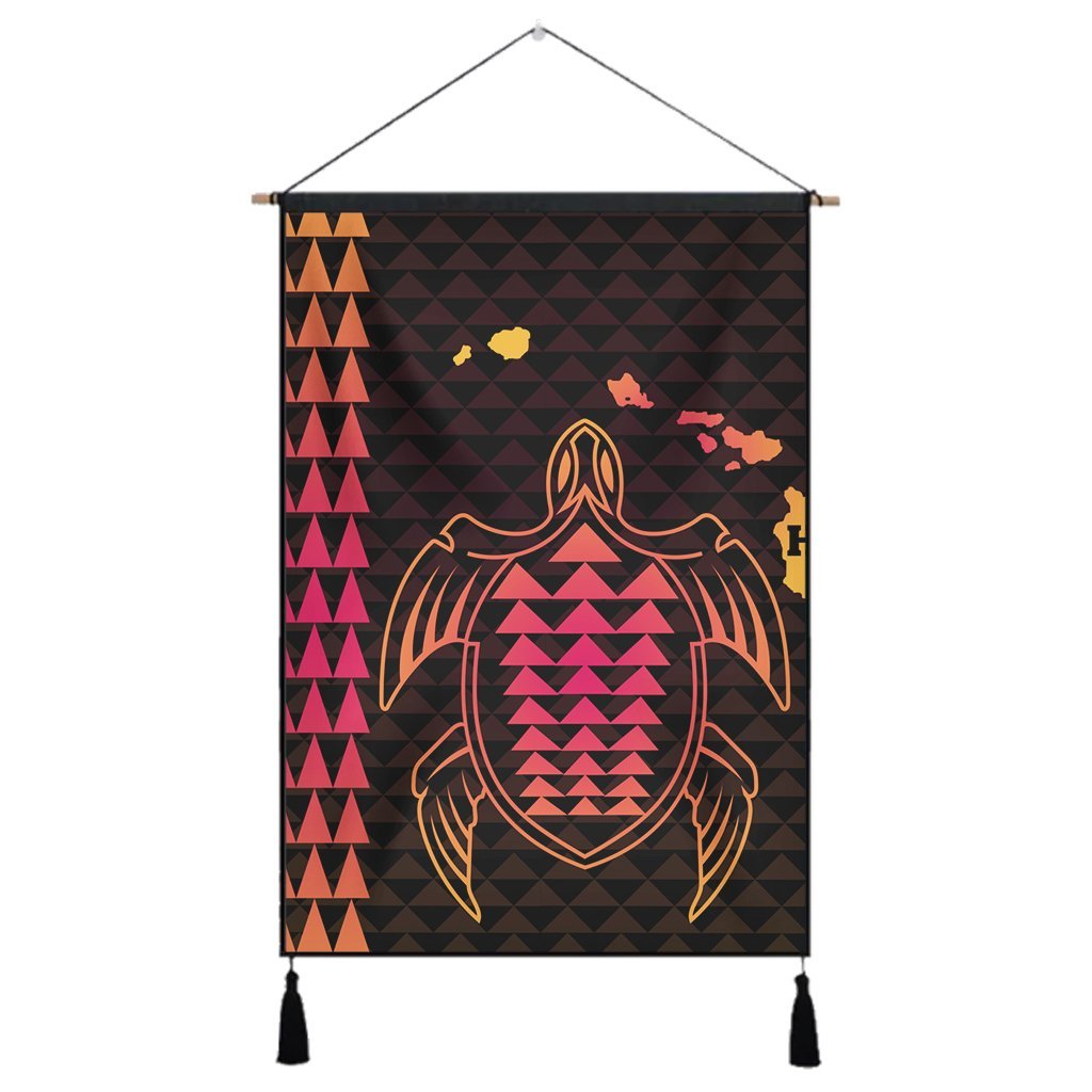 Hawaiian Map Kakau Turtle Polynesian Hanging Poster - Orange - AH Hanging Poster Cotton And Linen - Polynesian Pride