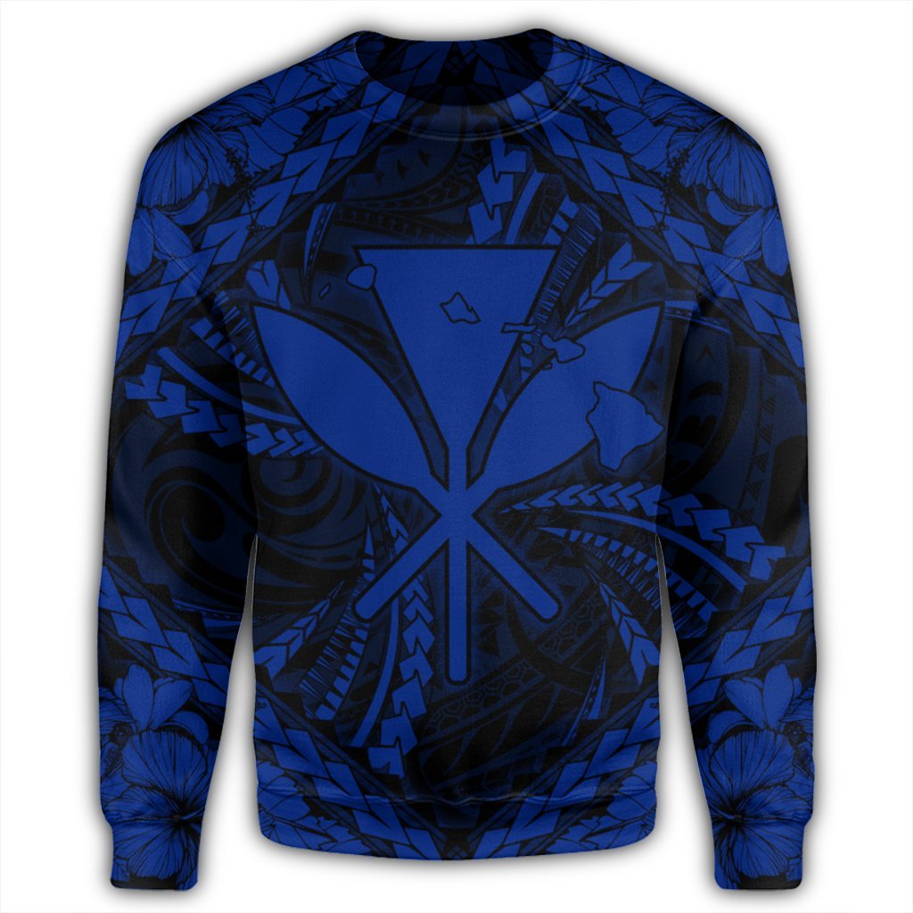 Hawaiian Map Kanaka Hibiscus Blue Polynesian Sweatshirt - AH - Polynesian Pride