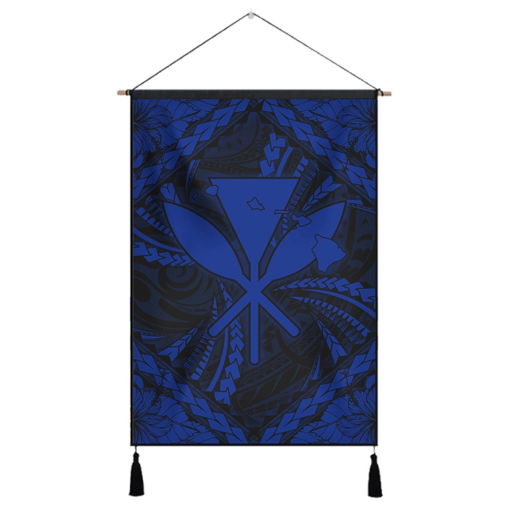 Hawaiian Map Kanaka Hibiscus Blue Polynesian Hanging Poster - AH Hanging Poster Cotton And Linen - Polynesian Pride