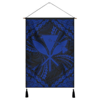 Hawaiian Map Kanaka Hibiscus Blue Polynesian Hanging Poster - AH Hanging Poster Cotton And Linen - Polynesian Pride