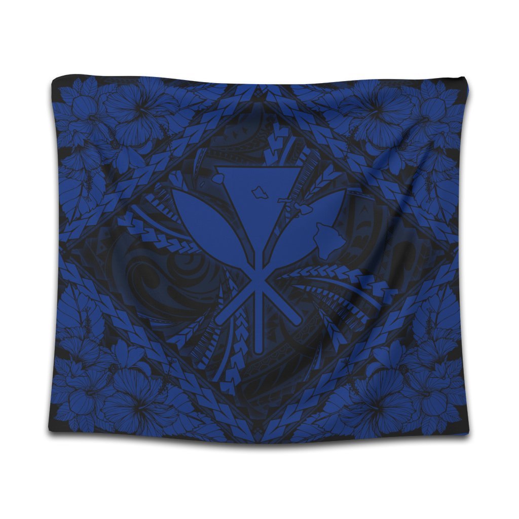 Hawaiian Map Kanaka Hibiscus Blue Polynesian Tapestry - AH Wall Tapestry Black - Polynesian Pride