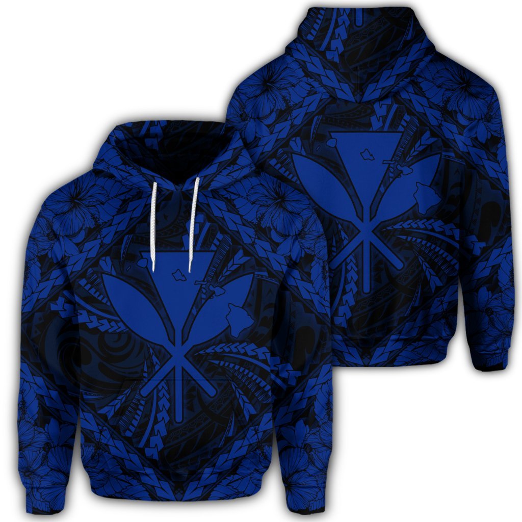 Hawaiian Map Kanaka Hibiscus Blue Polynesian Hoodie Unisex Art - Polynesian Pride