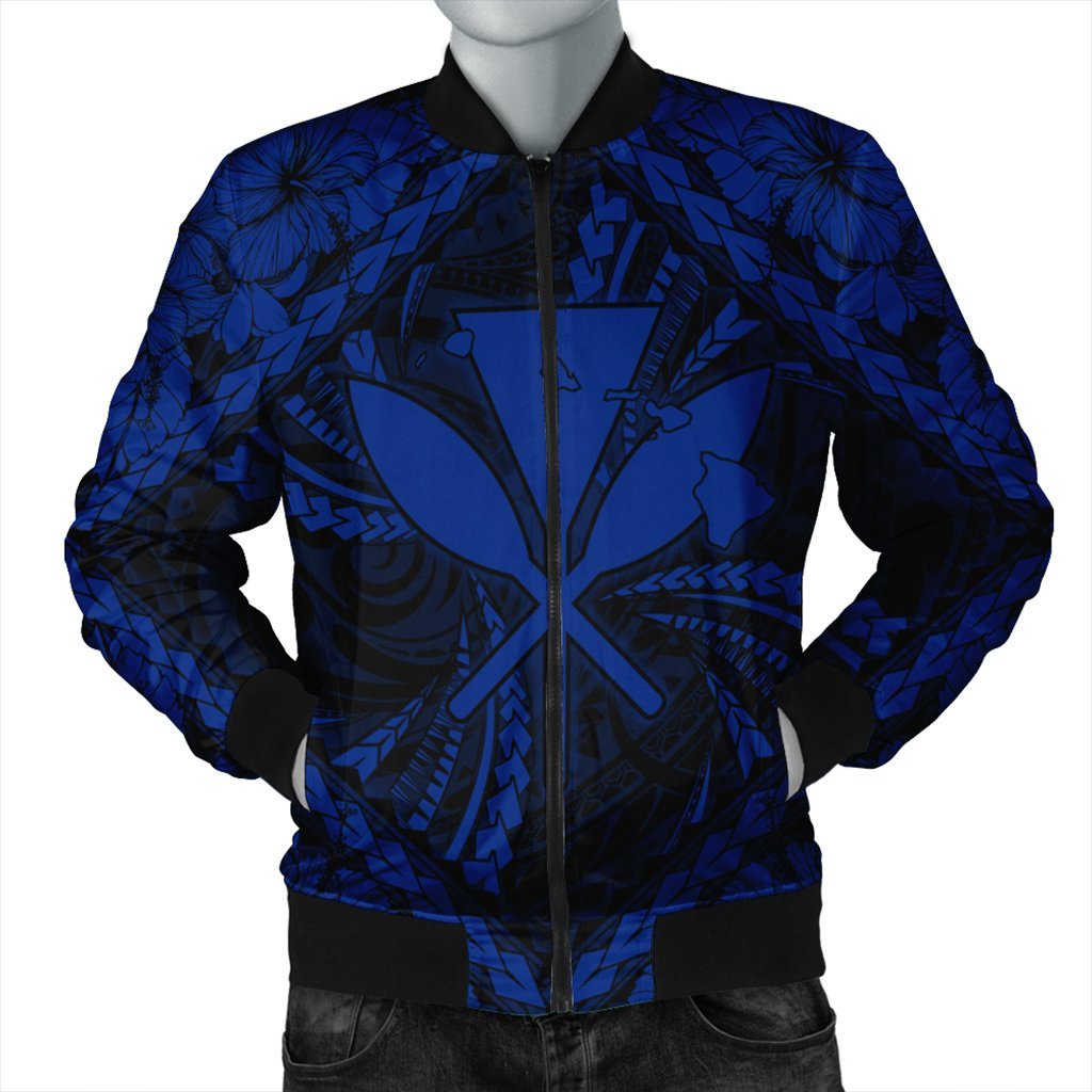 Hawaiian Map Kanaka Hibiscus Blue Polynesian Bomber Jacket - AH Black Unisex - Polynesian Pride