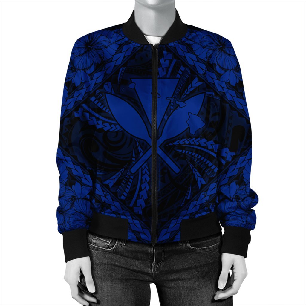 Hawaiian Map Kanaka Hibiscus Blue Polynesian Bomber Jacket - AH - Polynesian Pride