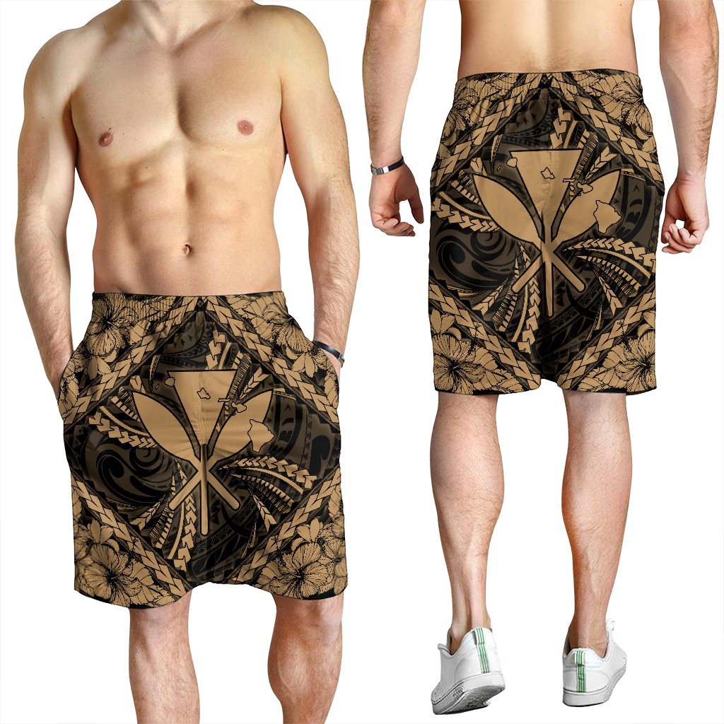 Hawaiian Map Kanaka Hibiscus Gold Polynesian Men's Shorts - AH - Polynesian Pride
