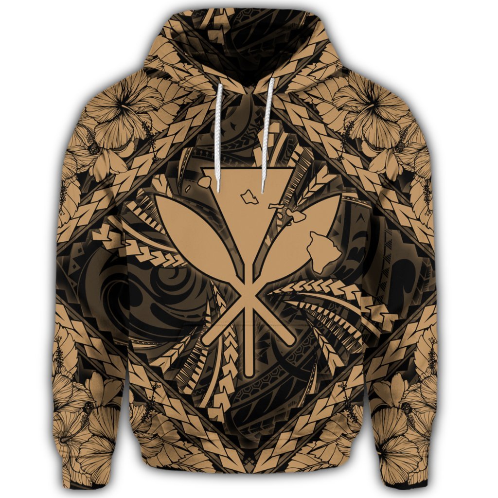 Hawaiian Map Kanaka Hibiscus Gold Polynesian Hoodie - Polynesian Pride