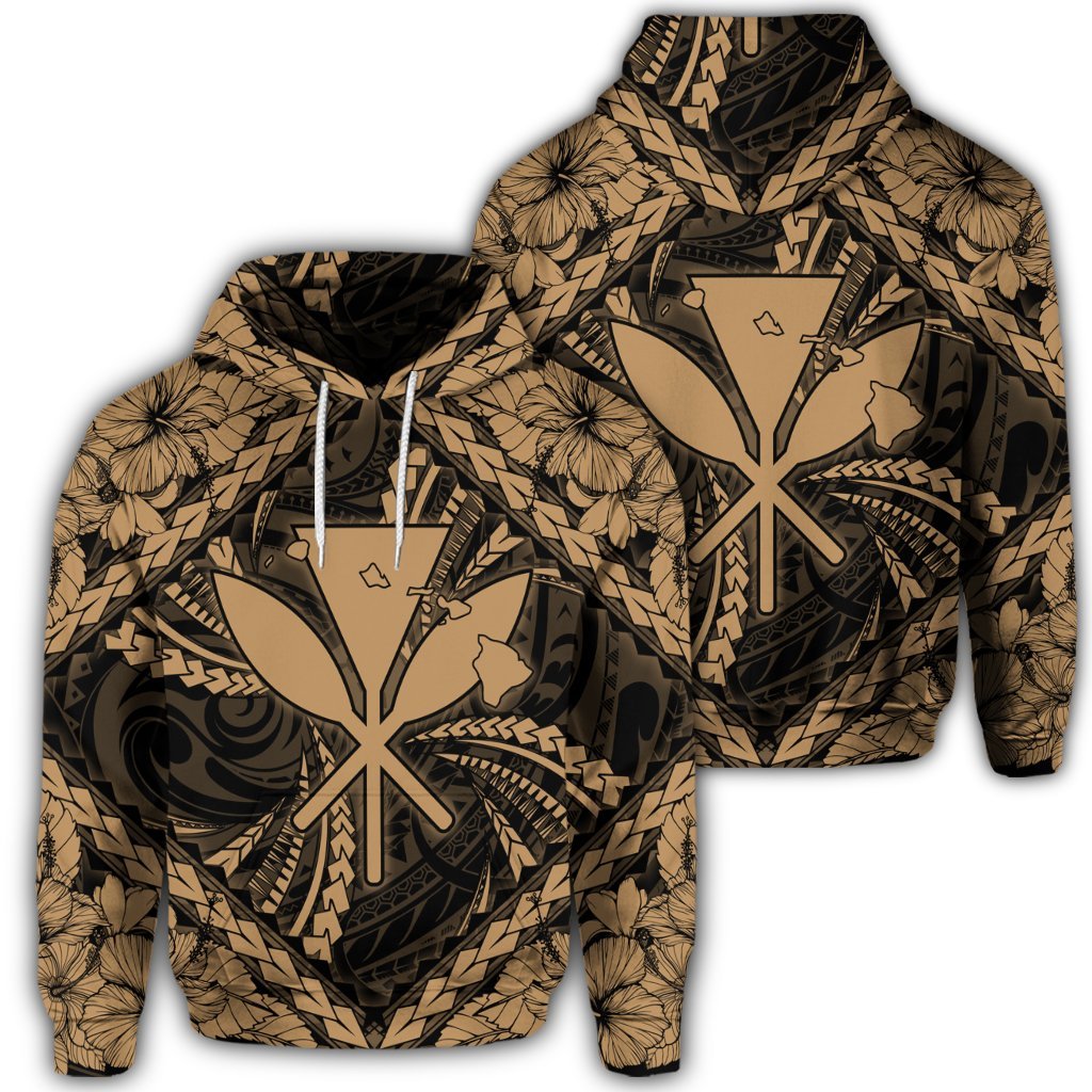 Hawaiian Map Kanaka Hibiscus Gold Polynesian Hoodie Unisex Art - Polynesian Pride