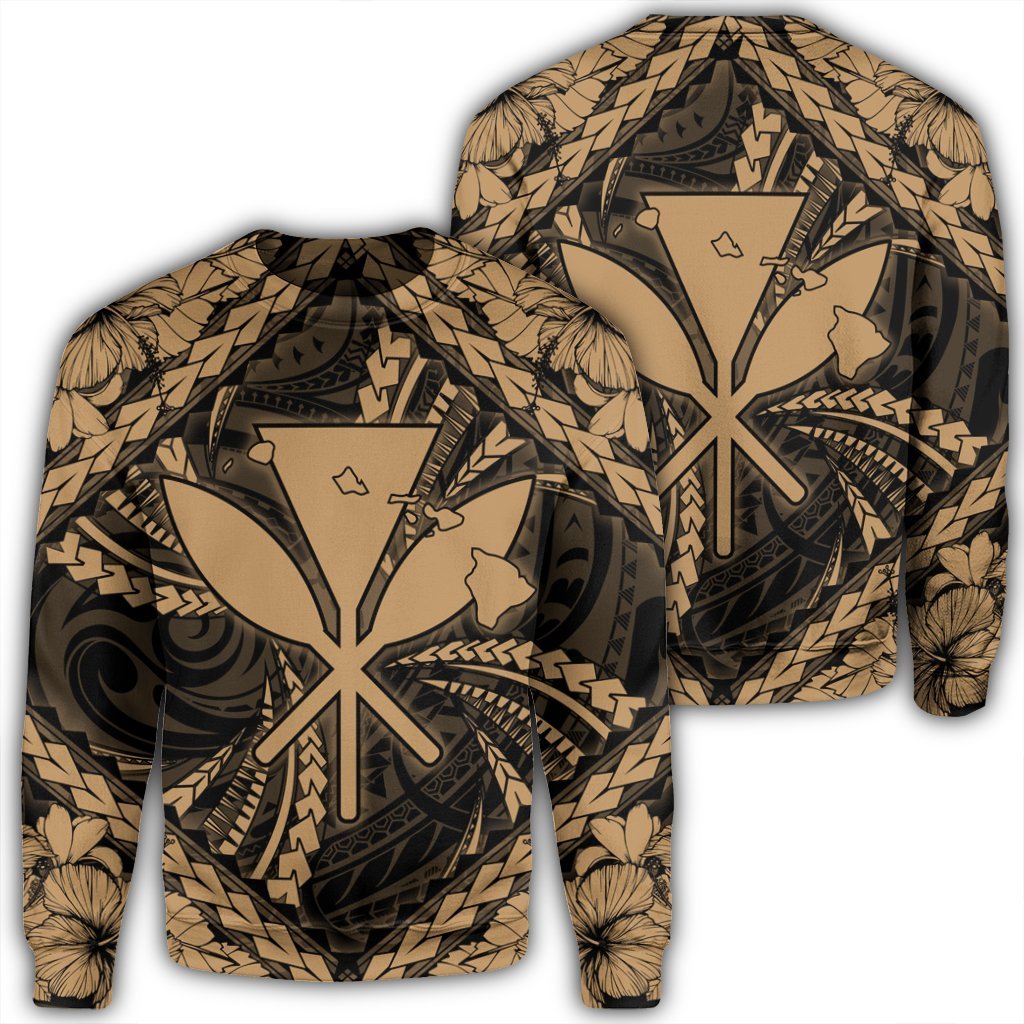 Hawaiian Map Kanaka Hibiscus Gold Polynesian Sweatshirt - AH Unisex Black - Polynesian Pride