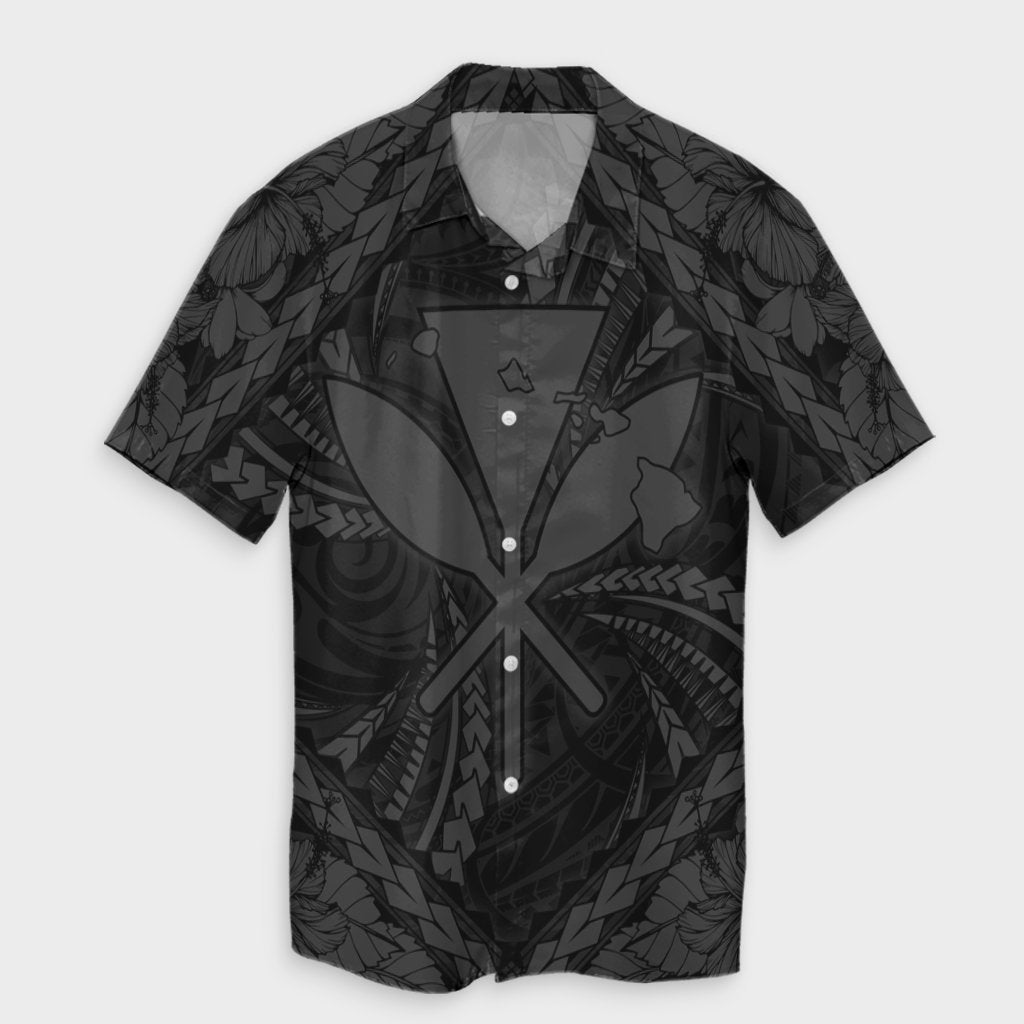 Hawaiian Map Kanaka Hibiscus Gray Polynesian Hawaiian Shirt - AH Unisex Black - Polynesian Pride