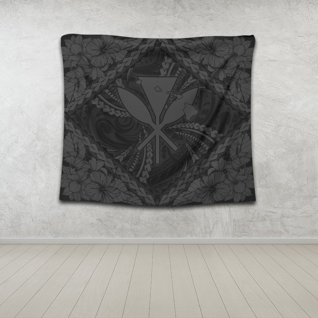 Hawaiian Map Kanaka Hibiscus Gray Polynesian Tapestry - AH - Polynesian Pride