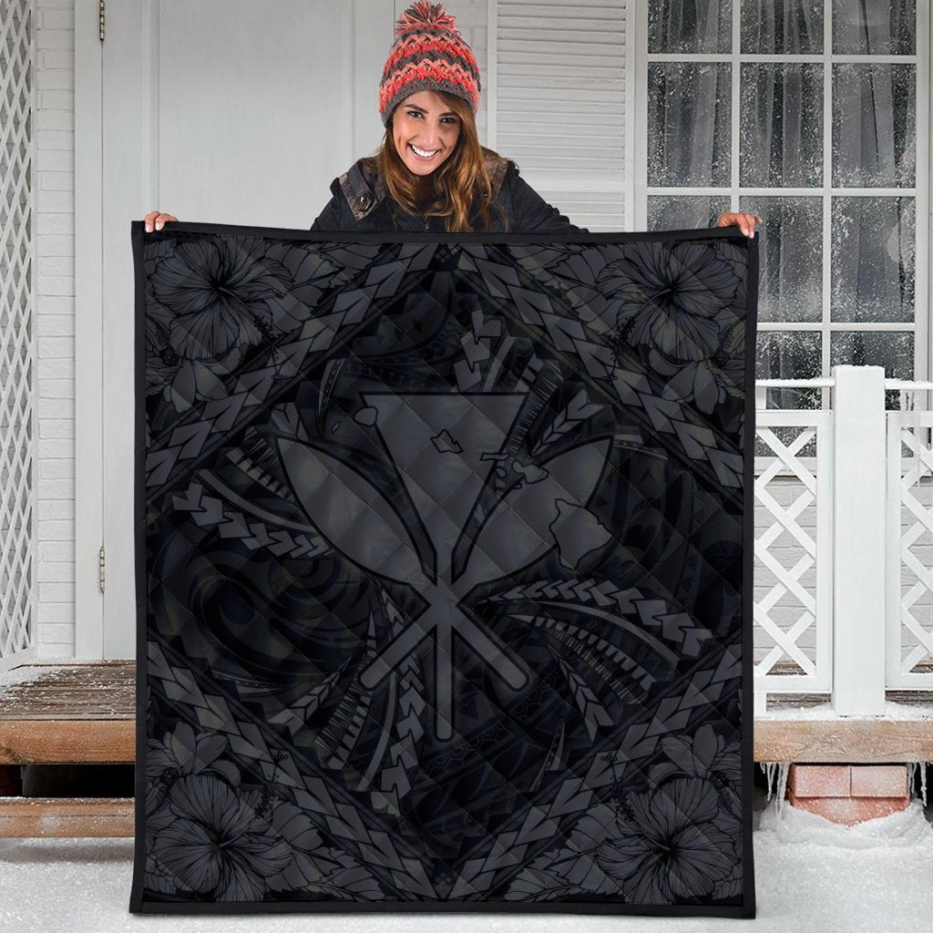 Hawaiian Map Kanaka Hibiscus Gray Polynesian Premium Quilts - AH - Polynesian Pride