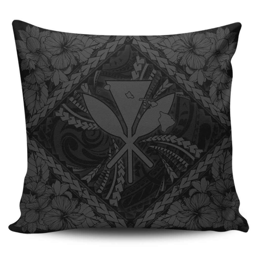 Hawaiian Map Kanaka Hibiscus Gray Polynesian Pillow Covers - AH Pillow Covers Black - Polynesian Pride