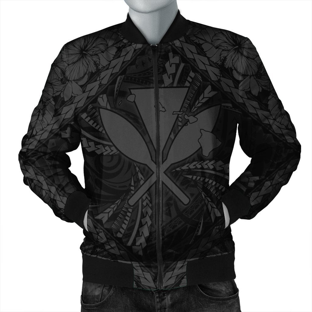 Hawaiian Map Kanaka Hibiscus Gray Polynesian Bomber Jacket - AH Black Unisex - Polynesian Pride