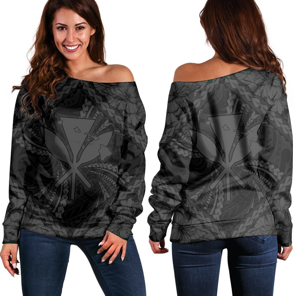 Hawaiian Map Kanaka Hibiscus Gray Polynesian Women's Off Shoulder Sweater - AH Black - Polynesian Pride