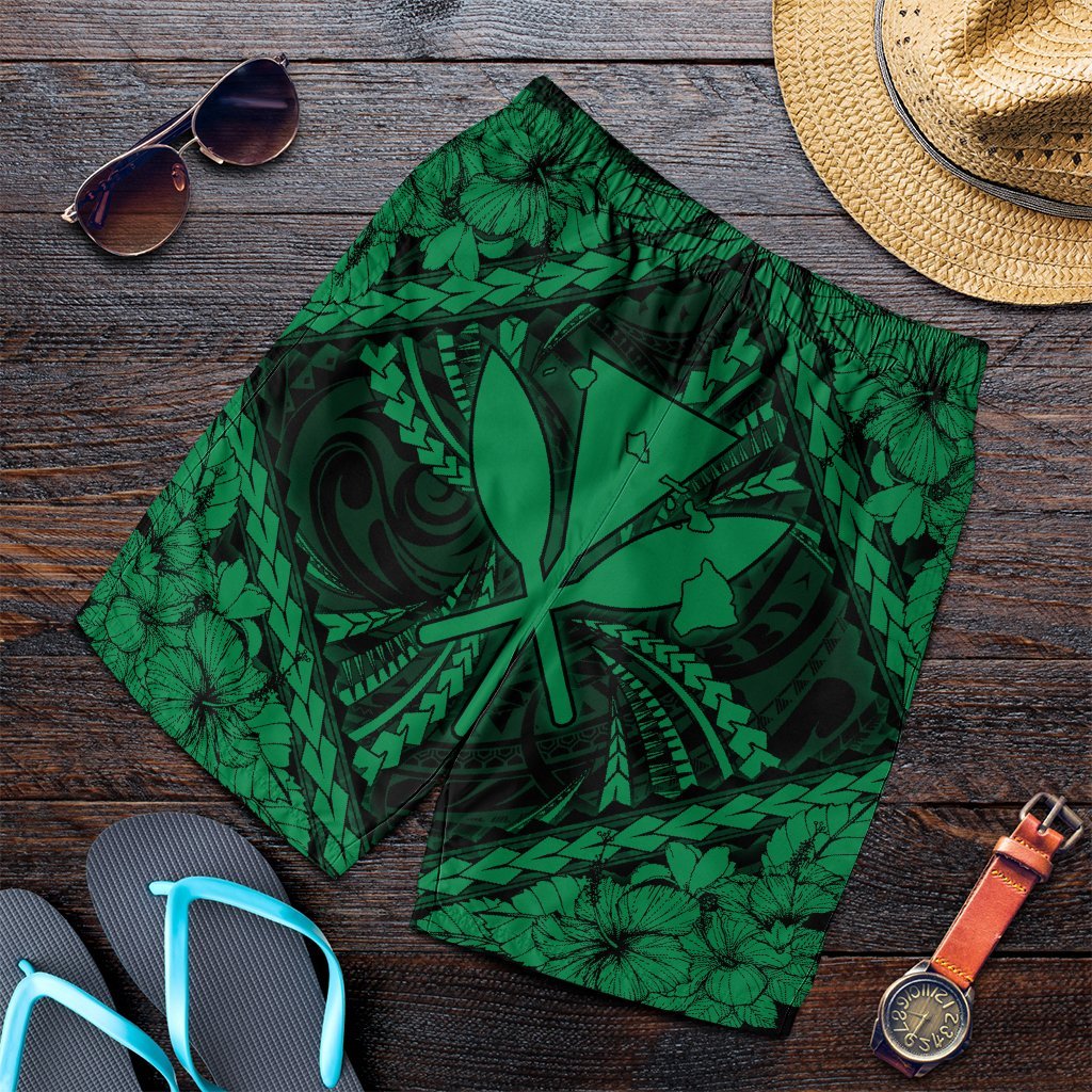 Hawaiian Map Kanaka Hibiscus Green Polynesian Men's Shorts - AH Art - Polynesian Pride