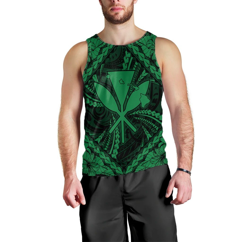 Hawaiian Map Kanaka Hibiscus Green Polynesian Tank Top - AH Black - Polynesian Pride