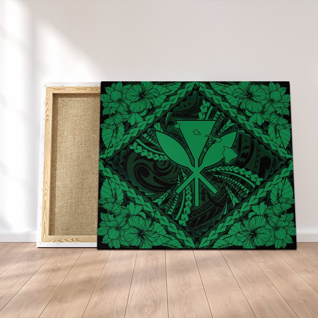 Hawaiian Map Kanaka Hibiscus Green Polynesian Canvas - AH Canvas Poly-cotton - Polynesian Pride