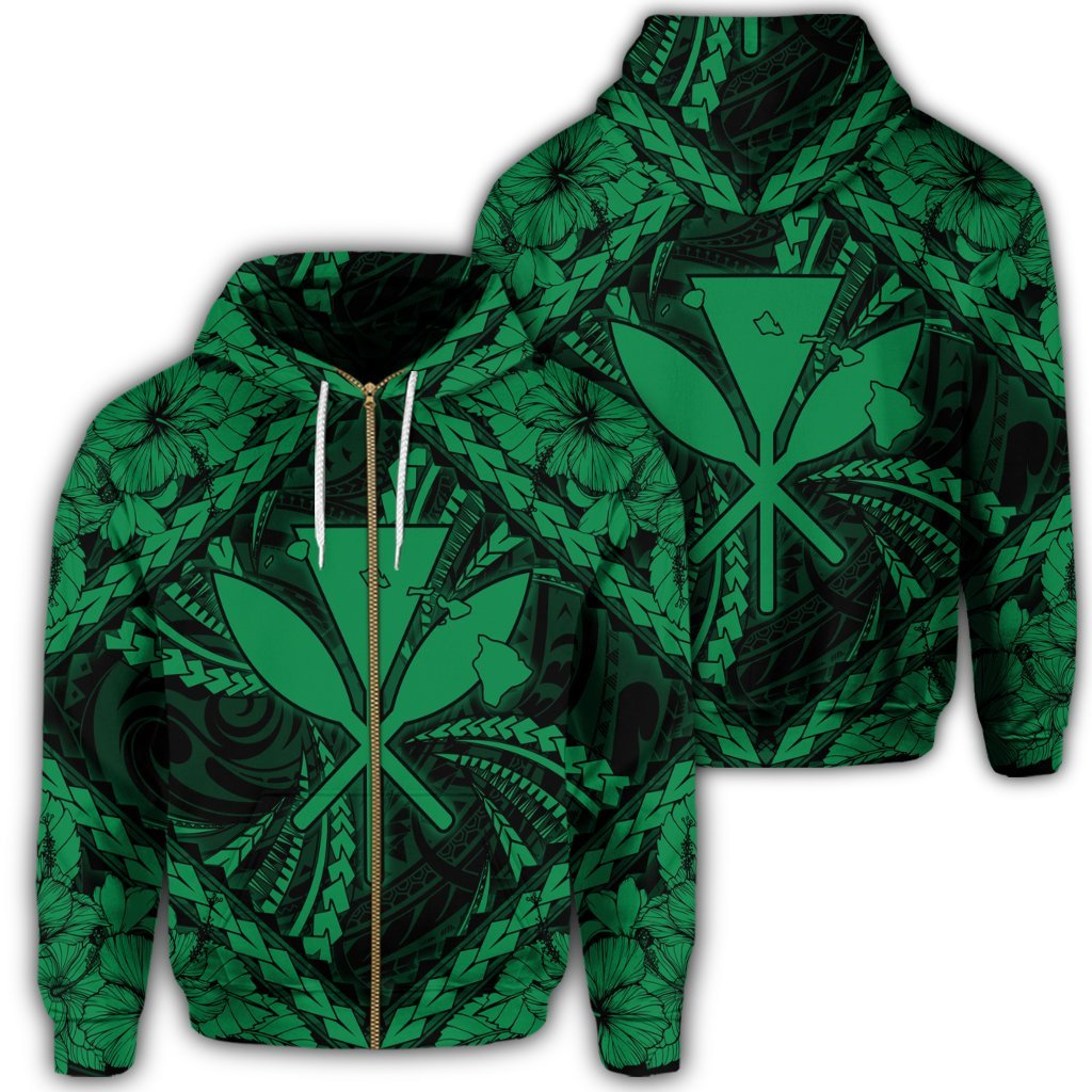 Hawaiian Map Kanaka Hibiscus Green Polynesian Zip Hoodie Unisex Art - Polynesian Pride