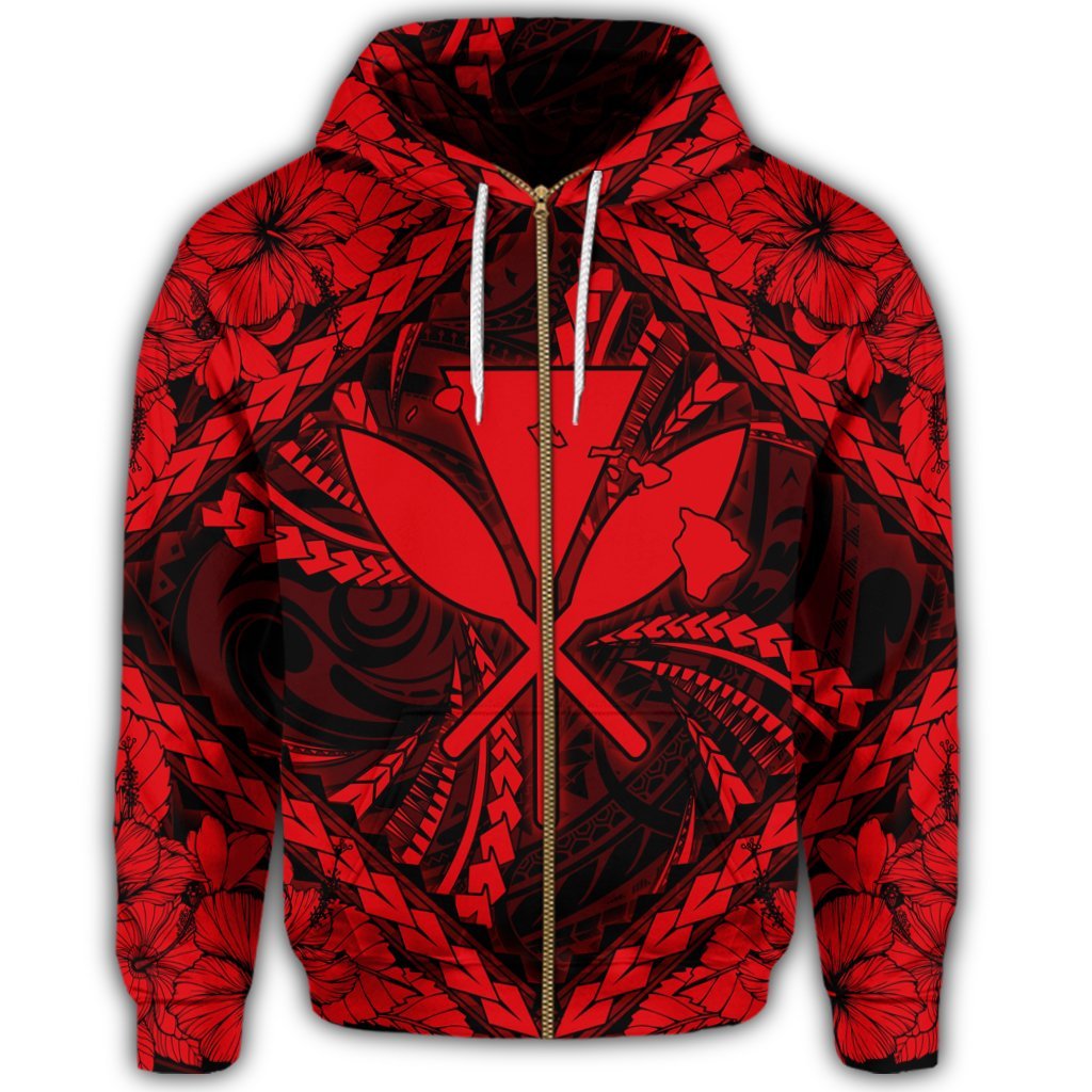Hawaiian Map Kanaka Hibiscus Red Polynesian Zip Hoodie - Polynesian Pride