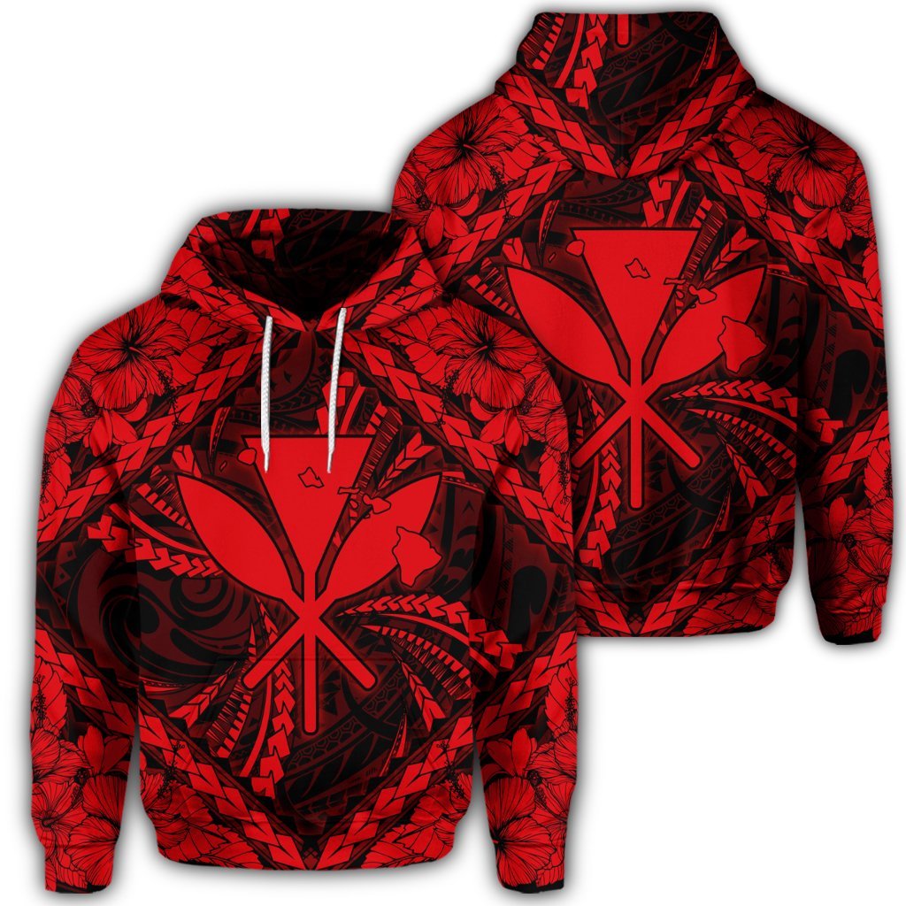 Hawaiian Map Kanaka Hibiscus Red Polynesian Hoodie Unisex Art - Polynesian Pride