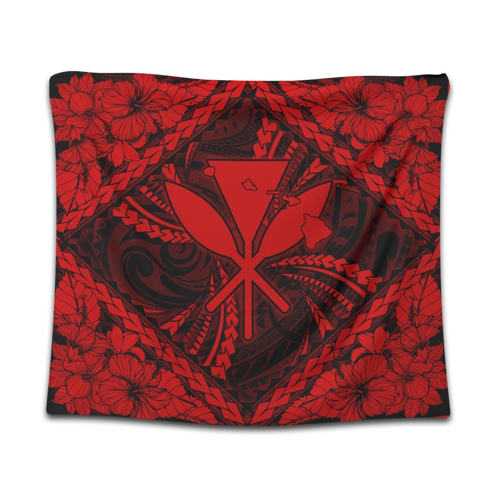 Hawaiian Map Kanaka Hibiscus Red Polynesian Tapestry - AH Wall Tapestry Black - Polynesian Pride