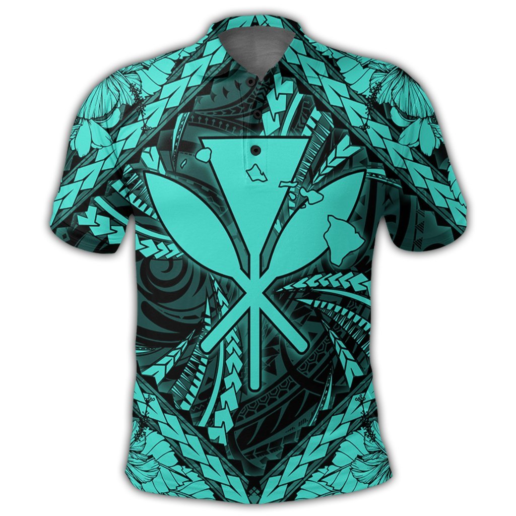 Hawaiian Map Kanaka Hibiscus Turquoise Polynesian Polo Shirt - Polynesian Pride