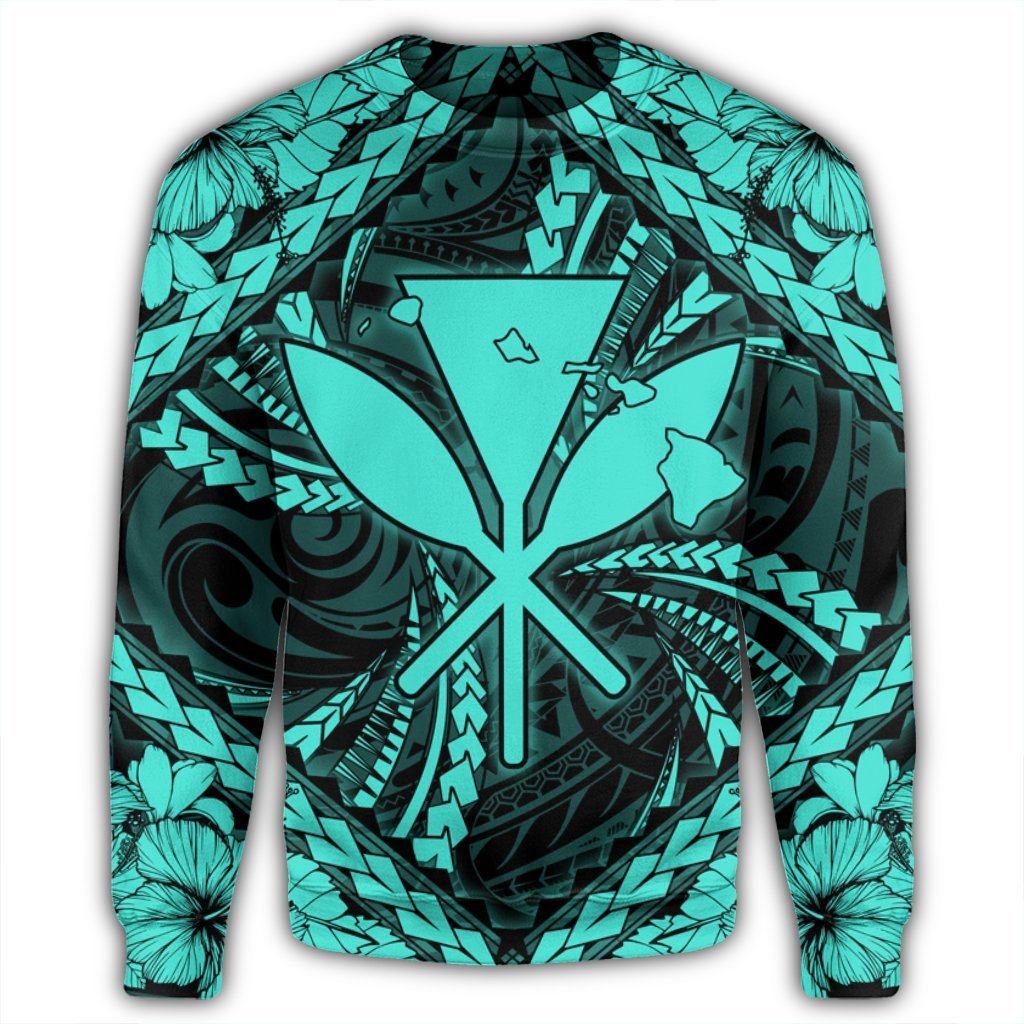 Hawaiian Map Kanaka Hibiscus Turquoise Polynesian Sweatshirt - AH - Polynesian Pride