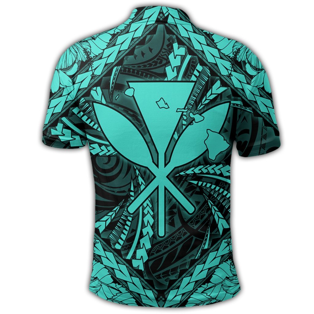 Hawaiian Map Kanaka Hibiscus Turquoise Polynesian Polo Shirt - Polynesian Pride