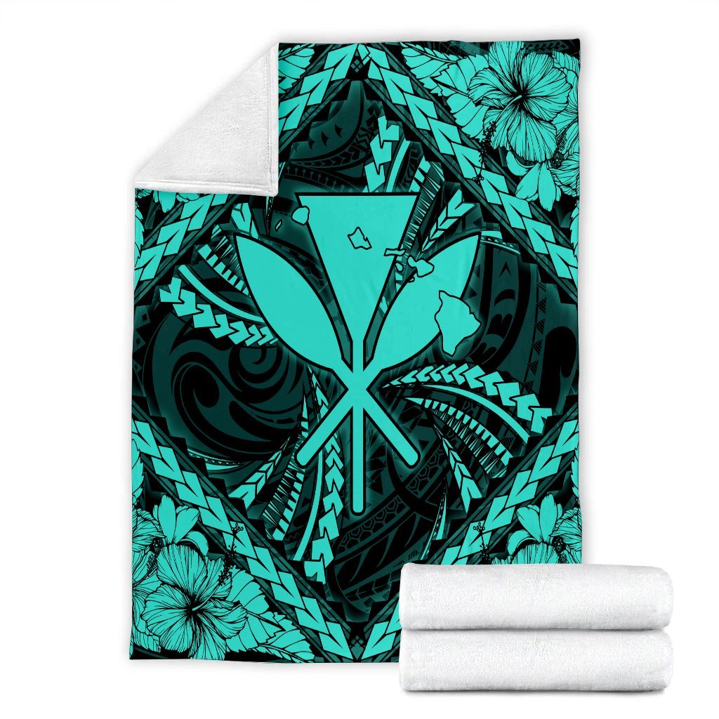 Hawaiian Map Kanaka Hibiscus Turquoise Polynesian Premium Blankets - AH - Polynesian Pride