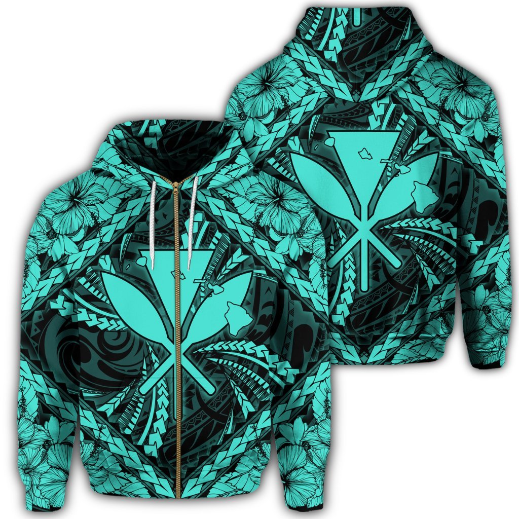 Hawaiian Map Kanaka Hibiscus Turquoise Polynesian Zip Hoodie Unisex Art - Polynesian Pride