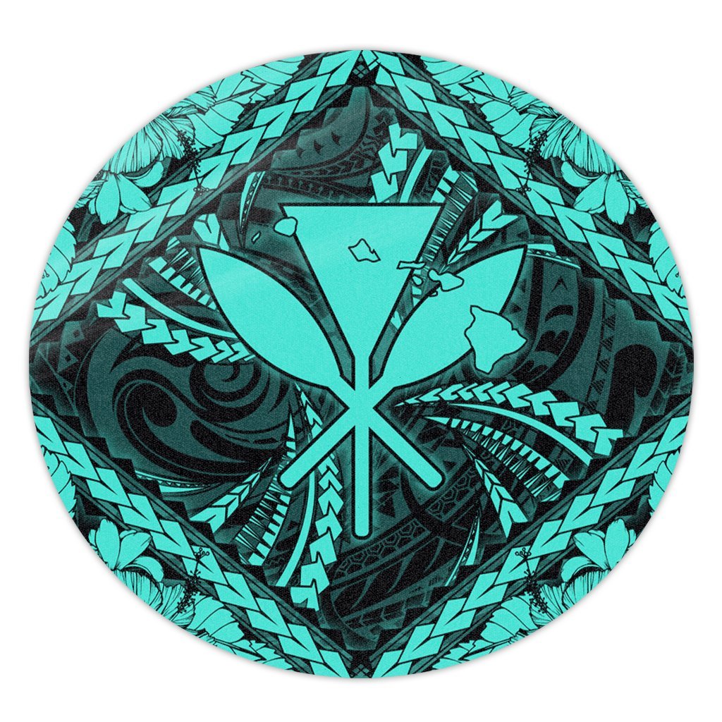 Hawaiian Map Kanaka Hibiscus Turquoise Polynesian Round Carpet - AH Round Carpet Luxurious Plush - Polynesian Pride