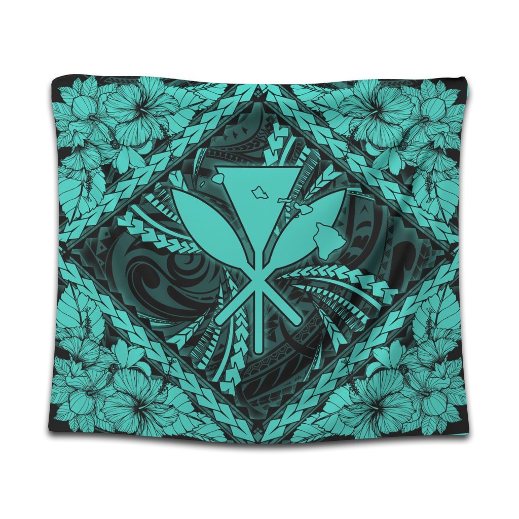 Hawaiian Map Kanaka Hibiscus Turquoise Polynesian Tapestry - AH Wall Tapestry Black - Polynesian Pride