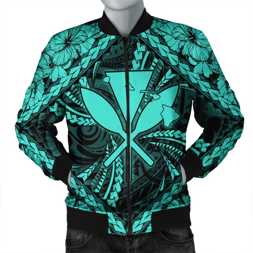 Hawaiian Map Kanaka Hibiscus Turquoise Polynesian Bomber Jacket - AH Black Unisex - Polynesian Pride