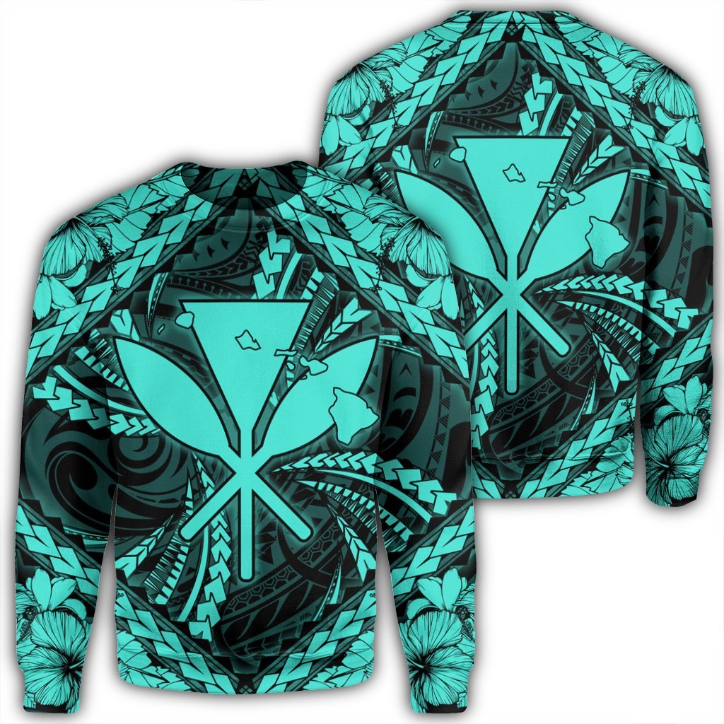 Hawaiian Map Kanaka Hibiscus Turquoise Polynesian Sweatshirt - AH Unisex Black - Polynesian Pride