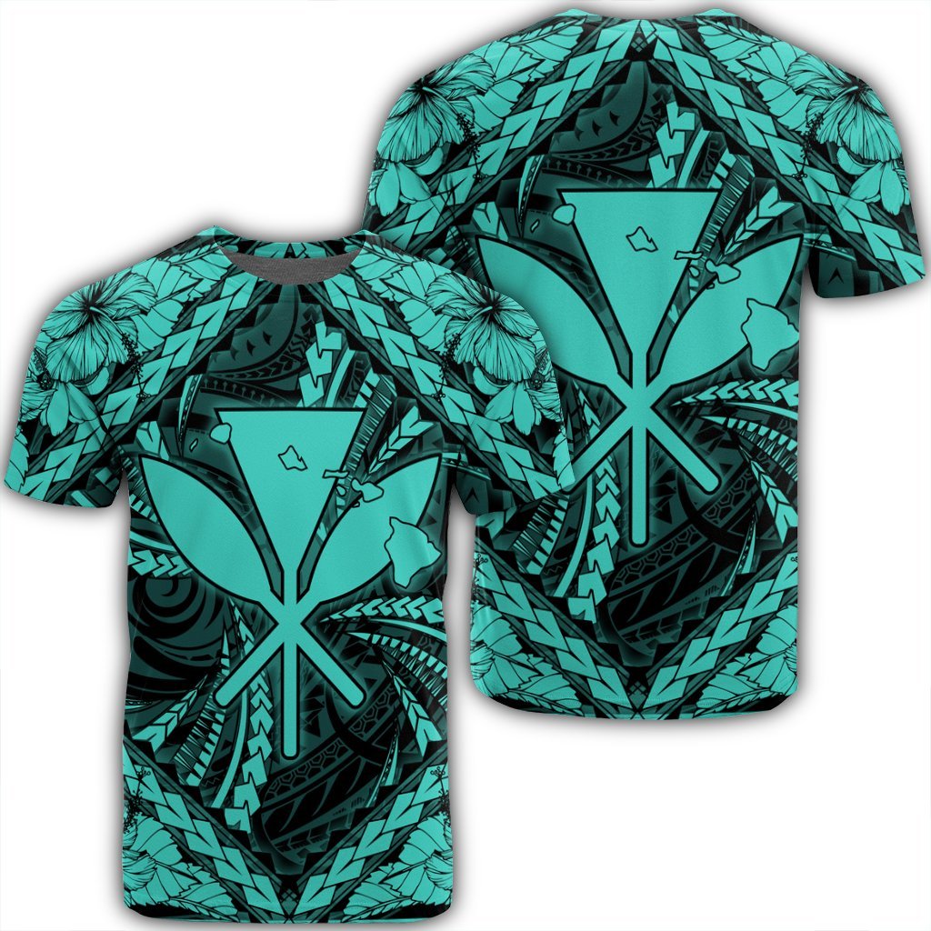 Hawaiian Map Kanaka Hibiscus Turquoise Polynesian T Shirt Unisex Black - Polynesian Pride
