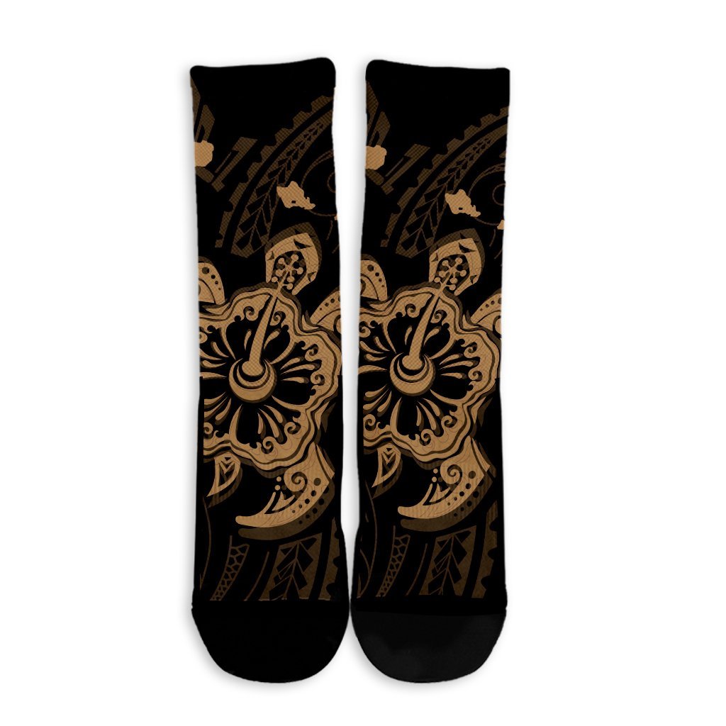 Hawaiian Map Kanaka Hibiscus Turtle Gold Polynesian Crew Socks - AH - Polynesian Pride