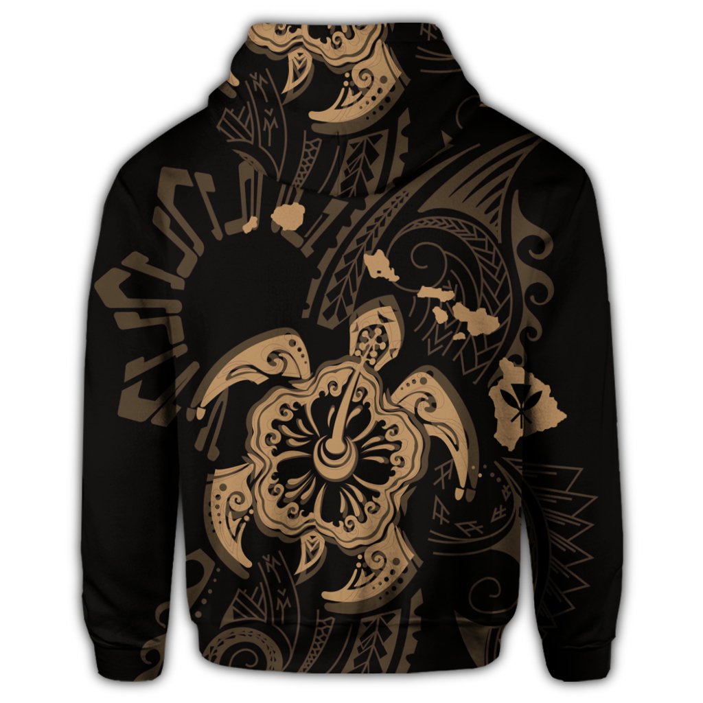 Hawaiian Map Kanaka Hibiscus Turtle Gold Polynesian Zip Hoodie - Polynesian Pride