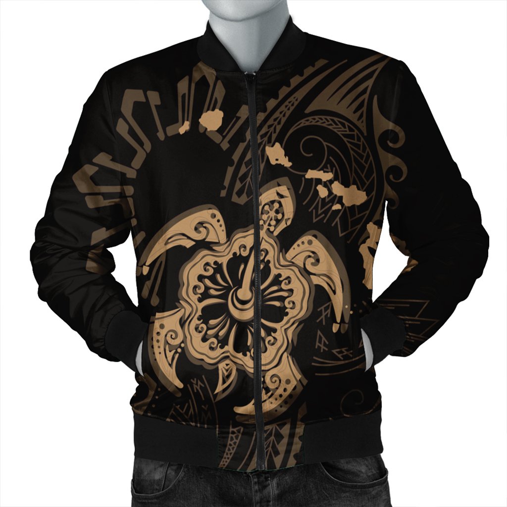 Hawaiian Map Kanaka Hibiscus Turtle Gold Polynesian Bomber Jacket - AH Black Unisex - Polynesian Pride