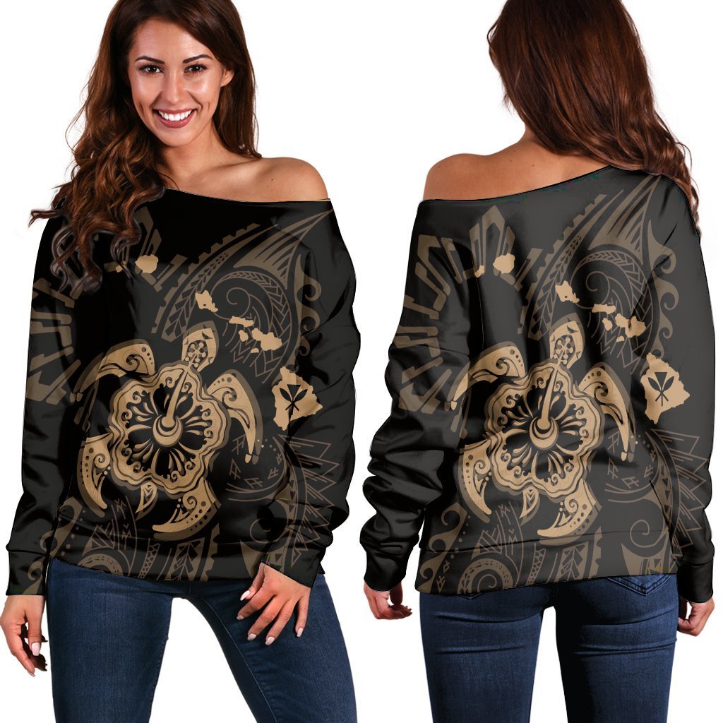 Hawaiian Map Kanaka Hibiscus Turtle Gold Polynesian Women's Off Shoulder Sweater - AH Black - Polynesian Pride