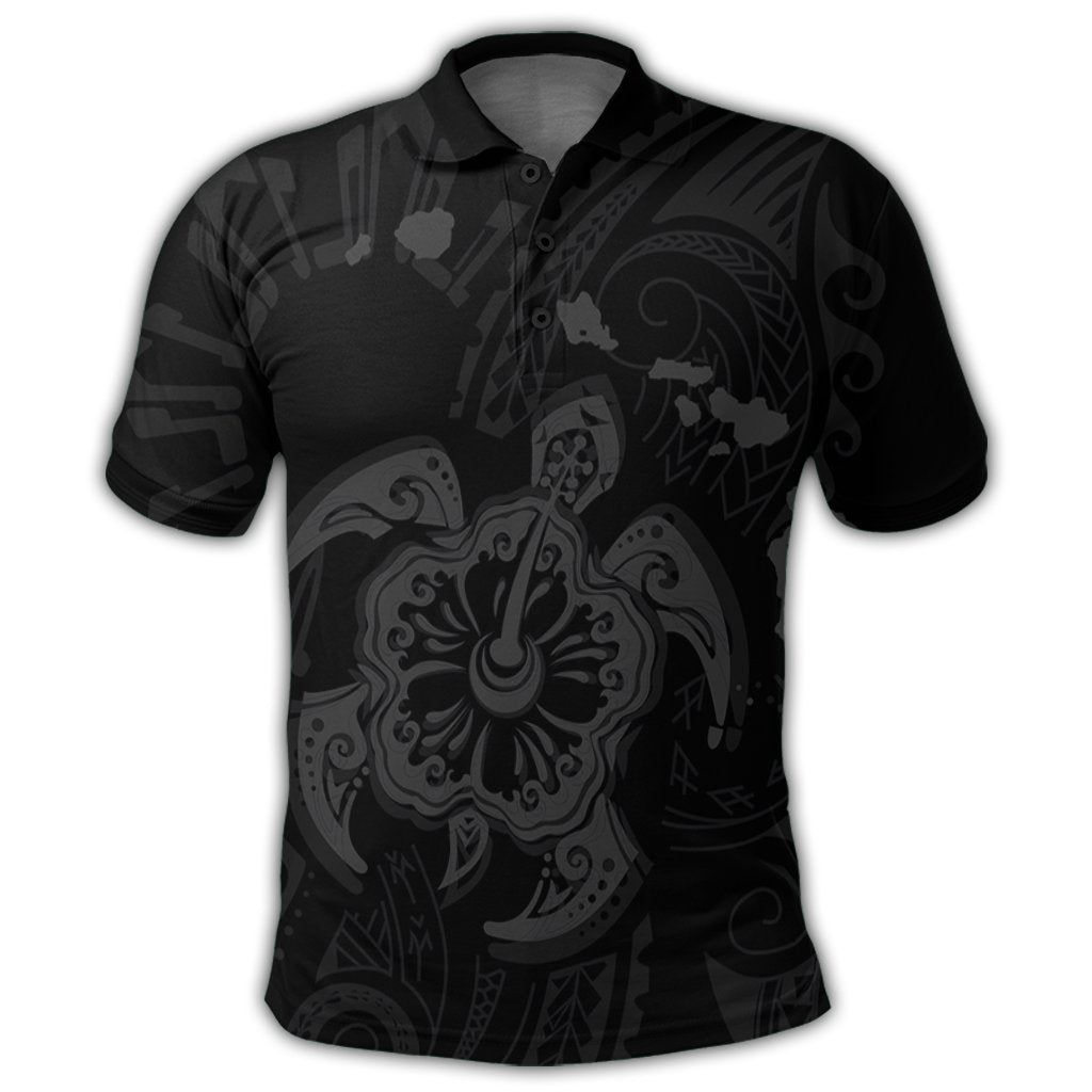 Hawaiian Map Kanaka Hibiscus Turtle Gray Polynesian Polo Shirt - Polynesian Pride