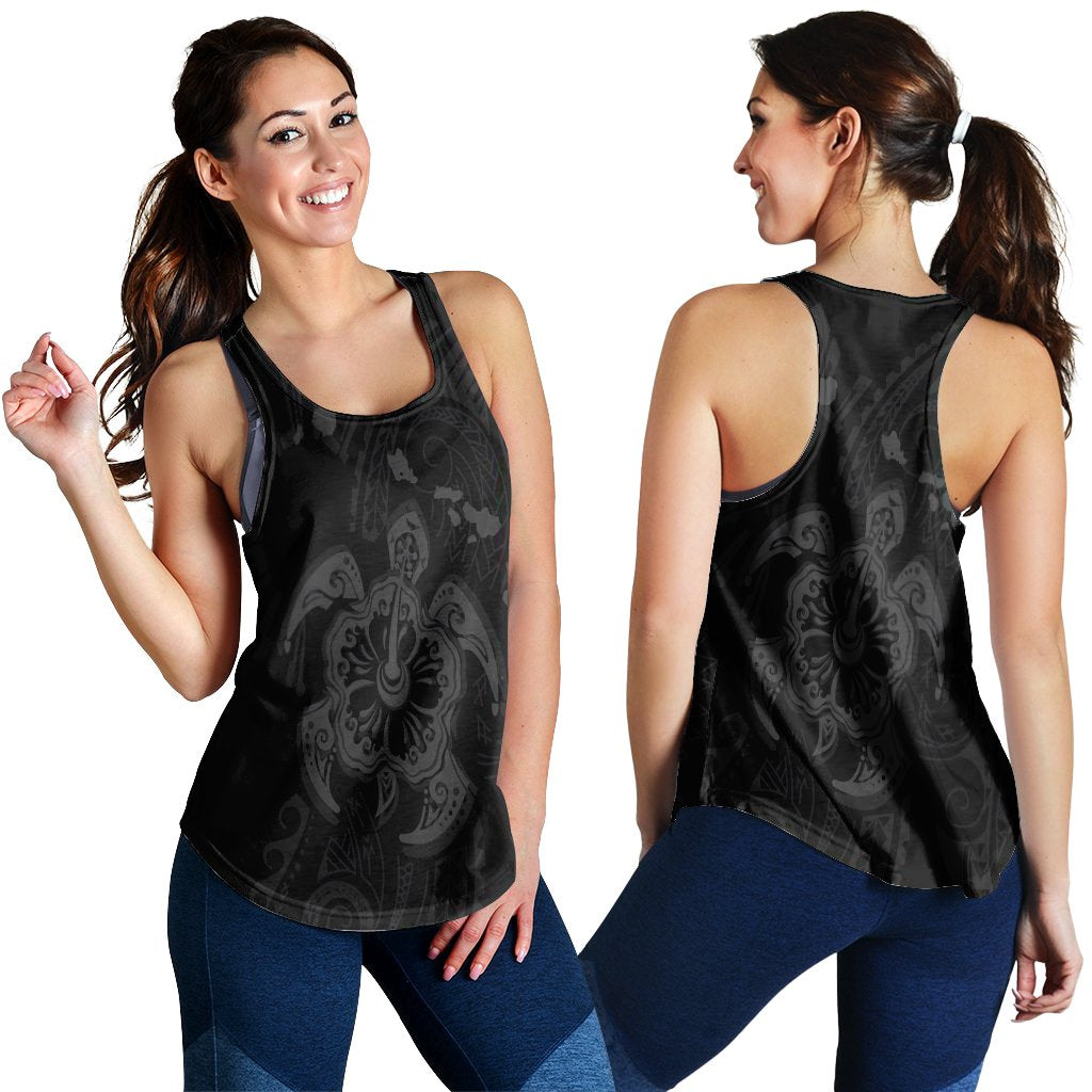 Hawaiian Map Kanaka Hibiscus Turtle Gray Polynesian Racerback Tank - AH Black - Polynesian Pride