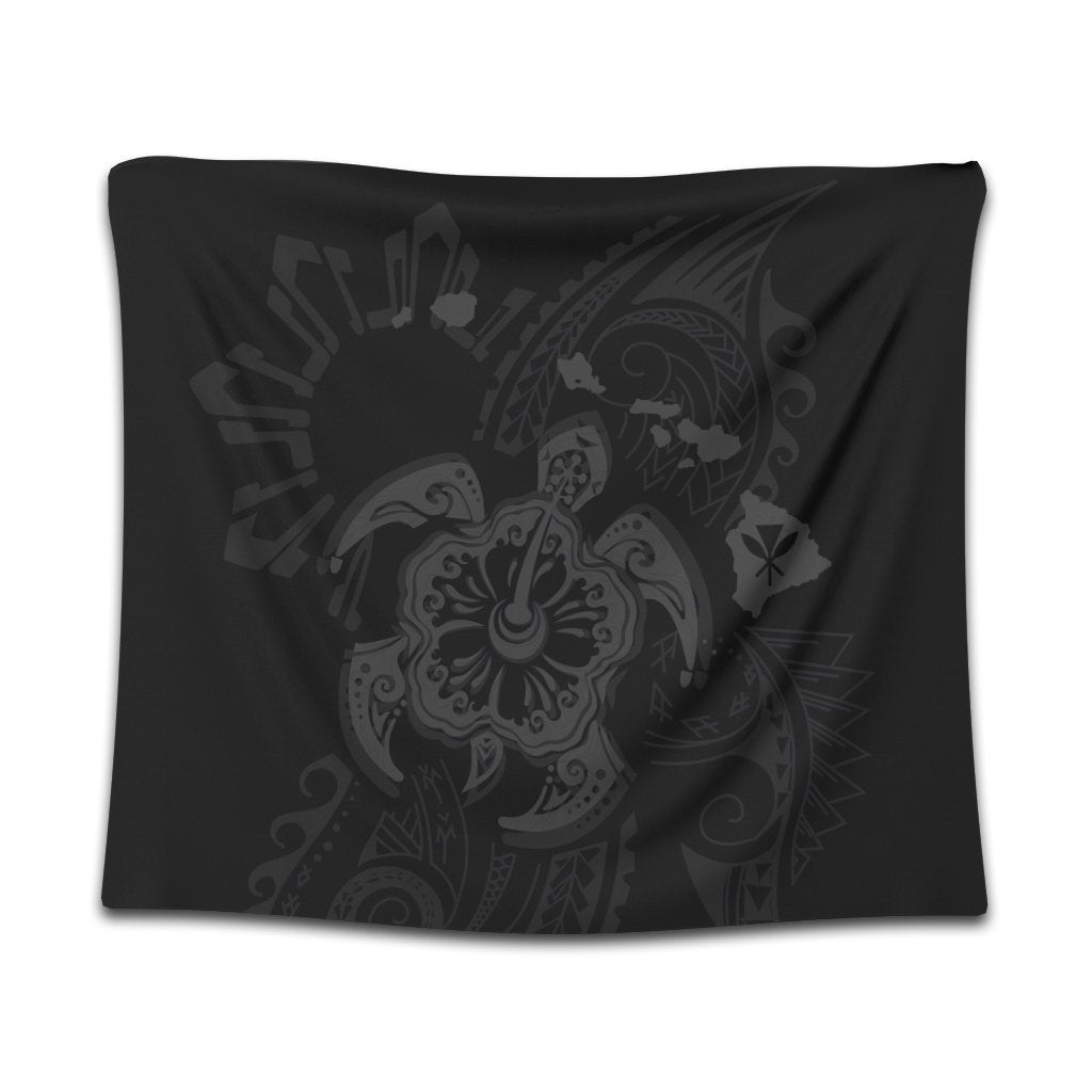 Hawaiian Map Kanaka Hibiscus Turtle Gray Polynesian Tapestry - AH Wall Tapestry Black - Polynesian Pride